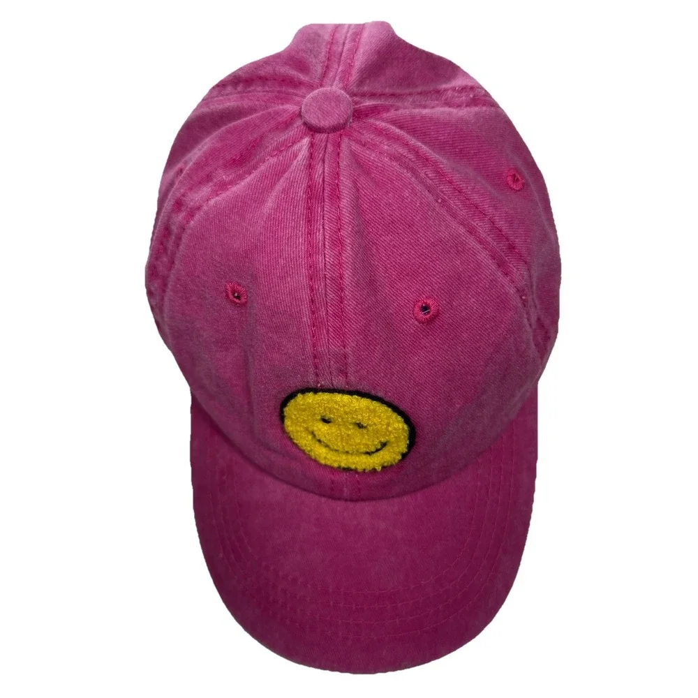 Pink Washed Cotton Baseball Cap Yellow Embroidered Smiley Face Patch Strap Back